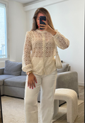 Blouse Flora blanche en coton et polyester avec dentelle fleurie pour femme.