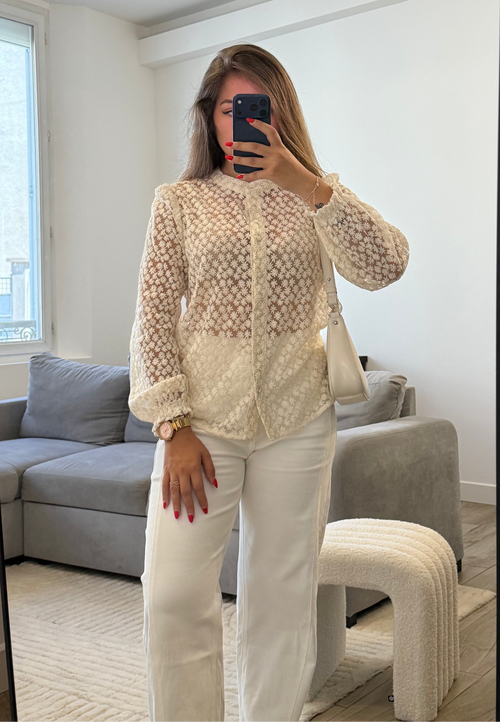 Blouse Flora blanche en coton et polyester avec dentelle fleurie pour femme.