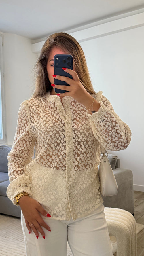 Blouse Flora blanche en coton et polyester avec dentelle fleurie pour femme.