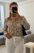 Chemise Iris à imprimé beige et marron avec fils dorés, manches longues, coupe fluide et style chic pour femme.