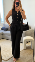 Ensemble Elise avec pantalon fluide et gilet sans manches en coton pour femme noir. 