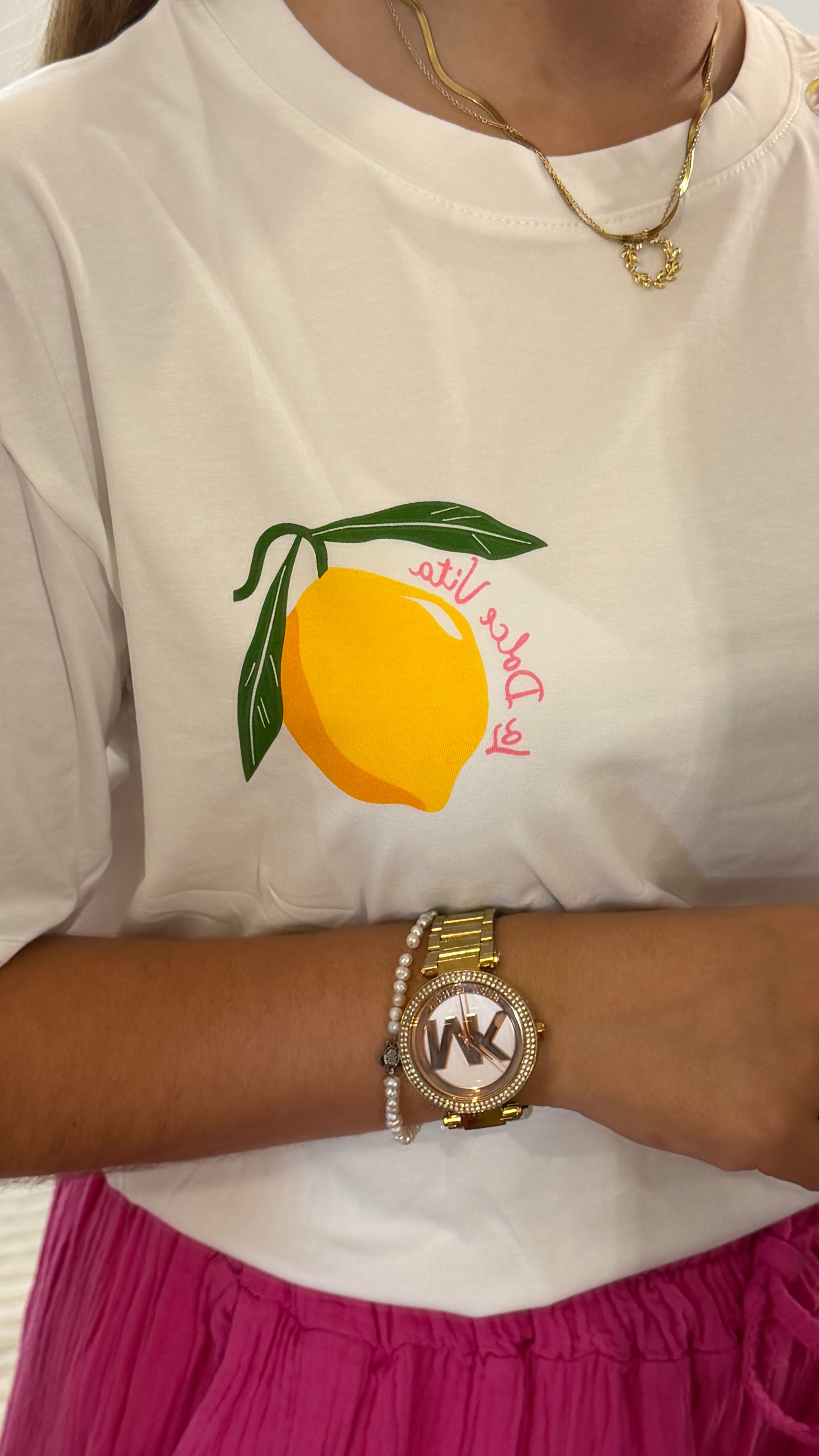 T-shirt Lili blanc pour femme avec imprimé citron jaune et feuillage vert sur le devant, coupe oversize en coton
