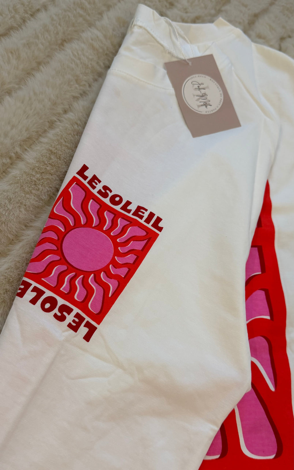 T-shirt Luna blanc pour femme avec imprimé soleil rose et rouge sur le devant, coupe oversize en coton